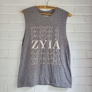 Zyia Gray Tank Top Spell Out Raw Edges Workout Size M